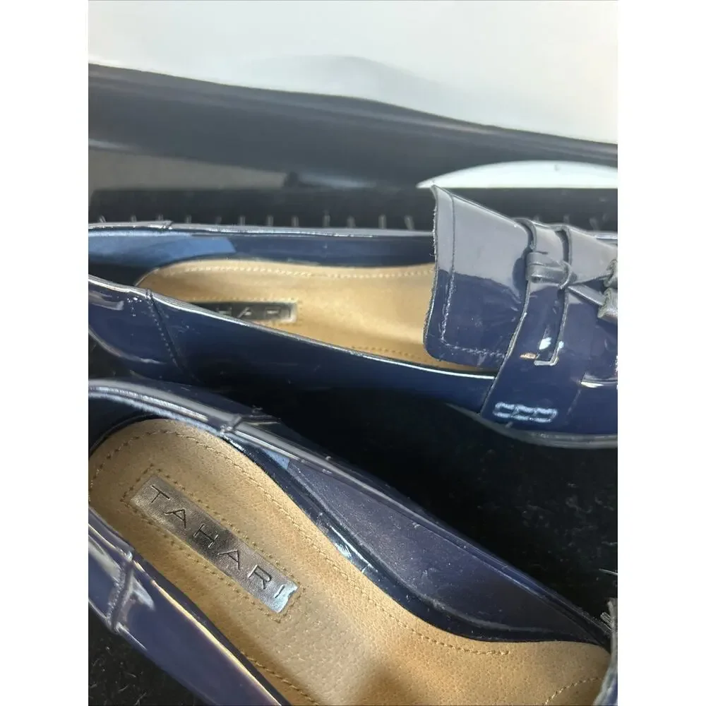 Trifari Navy Blue Tassel Loafers Womens 6.5 Glossy Leather Vintage Style